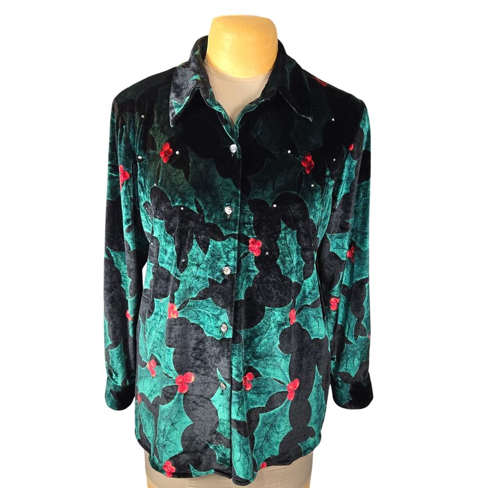 Quacker Factory Holiday Velvet Shirt Womens L Holly Berry Rhinestone Top Festive